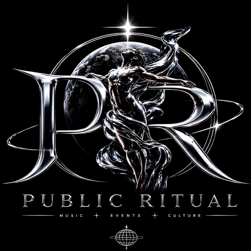 Public Ritual — liquid chrome emblem with interlocking PR monogram